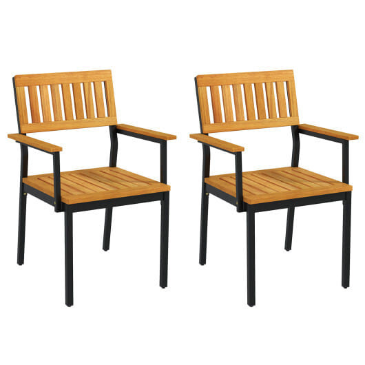 Patio Outdoor Dining Chair Set of 2 with Metal and Acacia Wood Frame - Color: Natural D681-HW72939