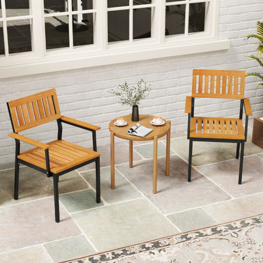 Patio Outdoor Dining Chair Set of 2 with Metal and Acacia Wood Frame - Color: Natural D681-HW72939
