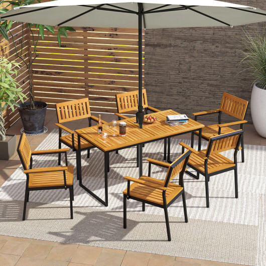 Patio Outdoor Dining Chair Set of 2 with Metal and Acacia Wood Frame - Color: Natural D681-HW72939