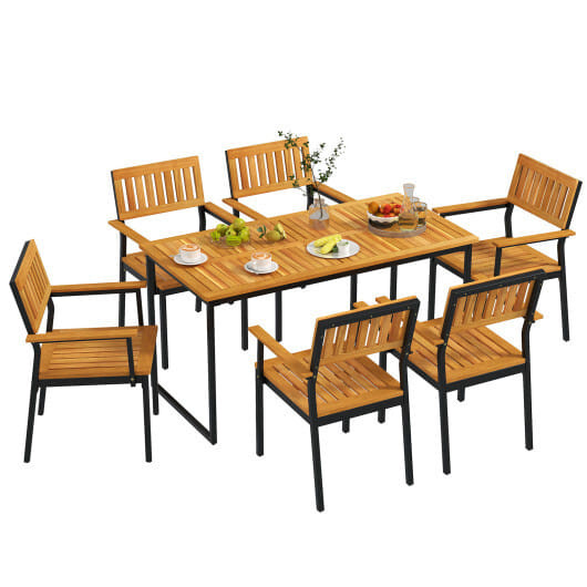 Patio Outdoor Dining Chair Set of 2 with Metal and Acacia Wood Frame - Color: Natural D681-HW72939