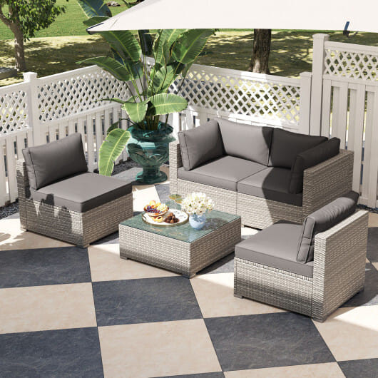 5-Piece Outdoor Patio Sectional Sofa Couch and Glass Coffee Table with Cushions-Gray - Color: Gray D681-HW73141GR+