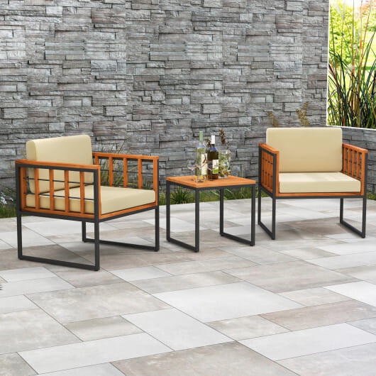 3 Pieces Patio Chair Set Acacia Wood Outdoor Sofa Set with Soft Cushions-Beige - Color: Beige D681-HW71662BN