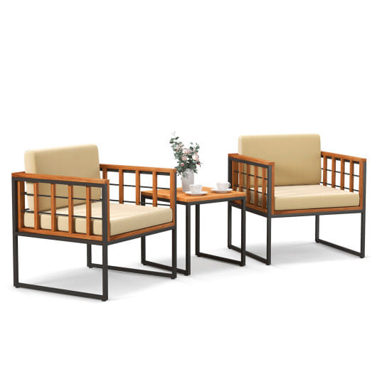 3 Pieces Patio Chair Set Acacia Wood Outdoor Sofa Set with Soft Cushions-Beige - Color: Beige D681-HW71662BN