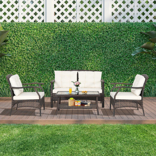 4 Pieces Outdoor Rattan Conversation Set with Protective Cover - Color: Espresso D681-HW69353+