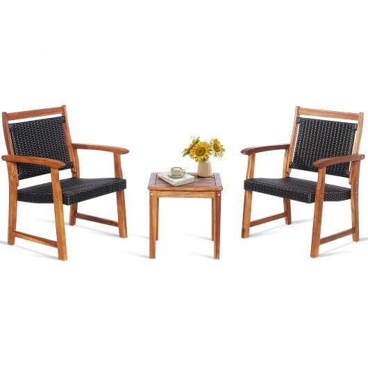 3 Pieces Rattan Bistro Set with Acacia Wood Frame for Garden - Color: Brown D681-HW67674