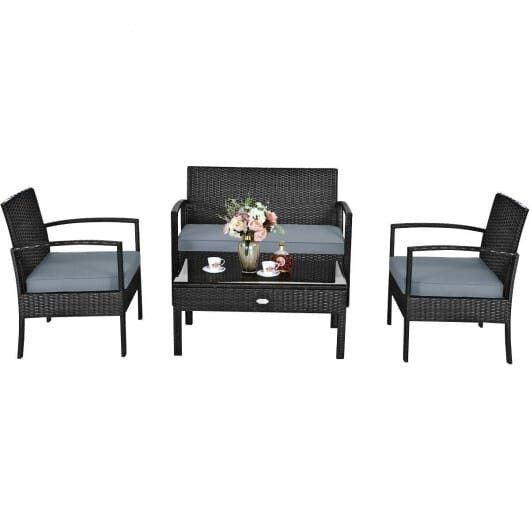 4 Pieces Patio Rattan Cushioned Furniture Set-Gray - Color: Gray D681-HW63756