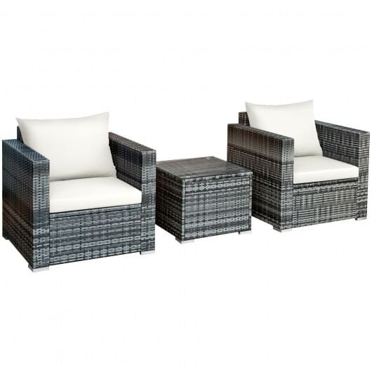 3 Pcs Patio Rattan Furniture Bistro Sofa Set with Cushioned-White - Color: White D681-HW66530WH+
