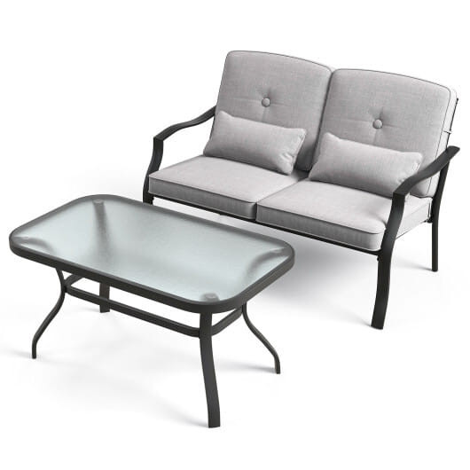 Outdoor Loveseat Chair Set with Tempered Glass Coffee Table - Color: Gray D681-NP10926GR-12