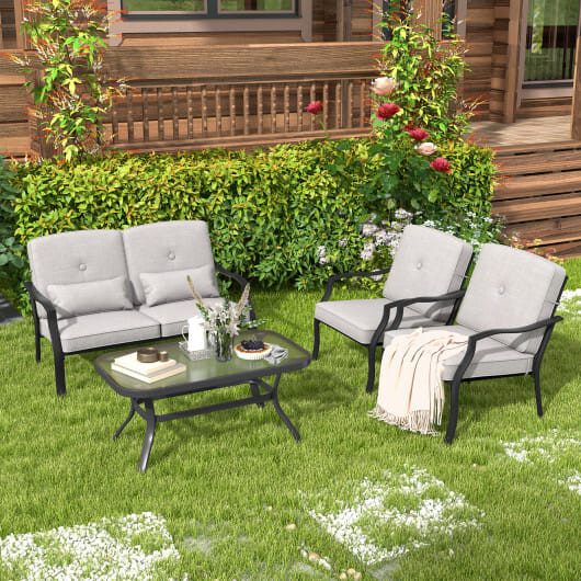 Outdoor Loveseat Chair Set with Tempered Glass Coffee Table - Color: Gray D681-NP10926GR-12