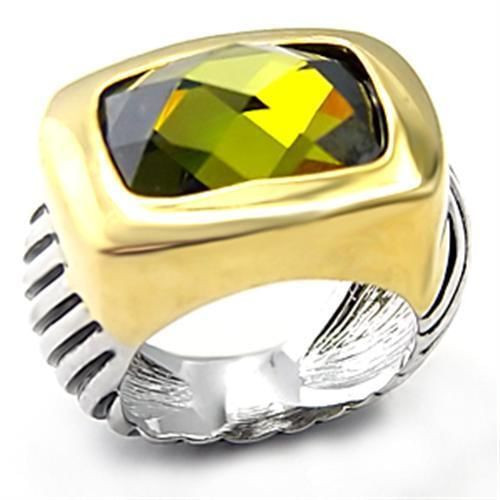 7X127 - Reverse Two-Tone Brass Ring with AAA Grade CZ  in Olivine color A874-7X127