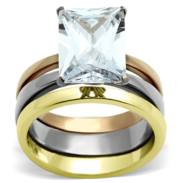 TK962 - Three Tone (IP Gold & IP Rose Gold & High Polished) Stainless Steel Ring with AAA Grade CZ  A874-TK962