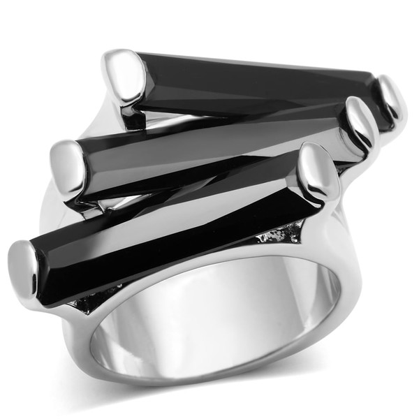 3W247 - Rhodium Brass Ring with AAA Grade CZ  in Black Diamond A874-3W247
