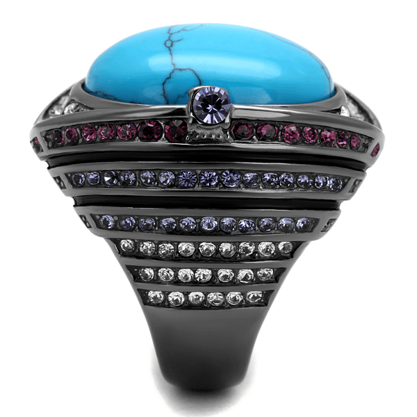 TK2983 - IP Light Black  (IP Gun) Stainless Steel Ring with Synthetic Turquoise in Sea Blue A874-TK2983
