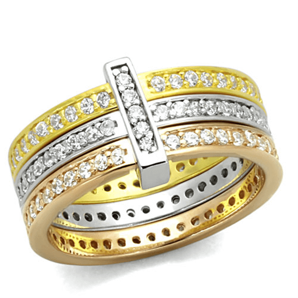 LOS811 - Rhodium + Gold + Rose Gold 925 Sterling Silver Ring with AAA Grade CZ  in Clear A874-LOS811