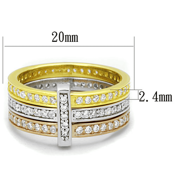 LOS811 - Rhodium + Gold + Rose Gold 925 Sterling Silver Ring with AAA Grade CZ  in Clear A874-LOS811