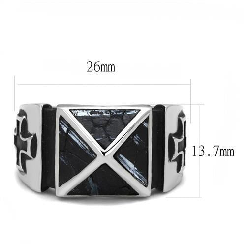 TK3075 - High polished (no plating) Stainless Steel Ring with Leather  in Jet A874-TK3075