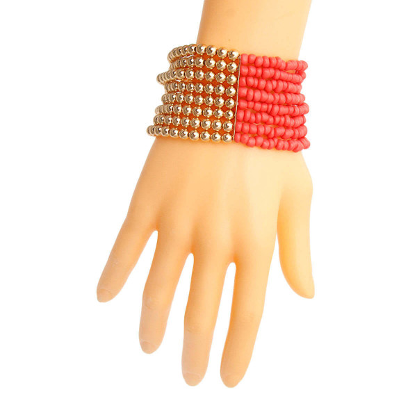 Coral and Gold Seed Bead Bracelet T226-9485923352895