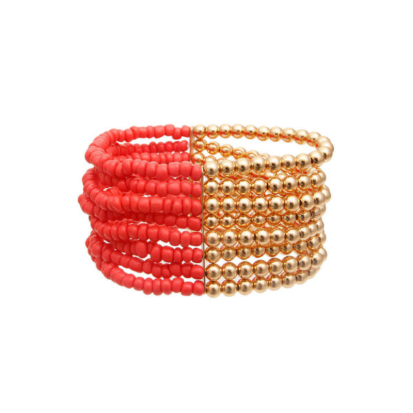 Coral and Gold Seed Bead Bracelet T226-9485923352895