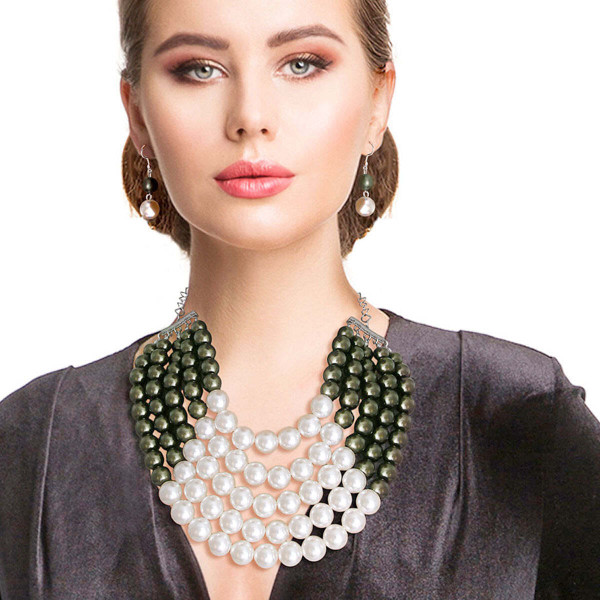 Olive and Cream Pearl 5 Row Necklace T226-9485572735295