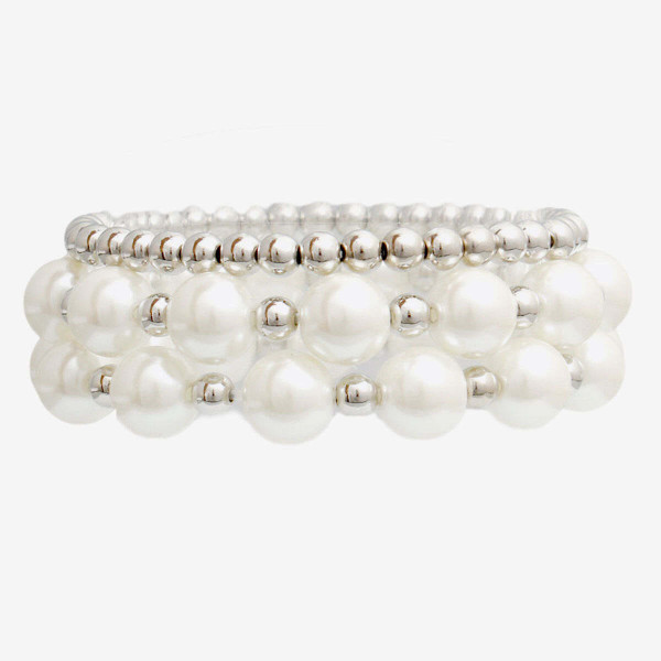 3 Strand White Pearl Silver Bracelets T226-9485596623167