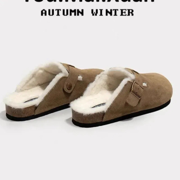 Color: Beige, Shoe Size: 38 - Fashion Warm Mules Slippers Women New Clogs Cork Home Shoes Women wit F640-12000042553605143