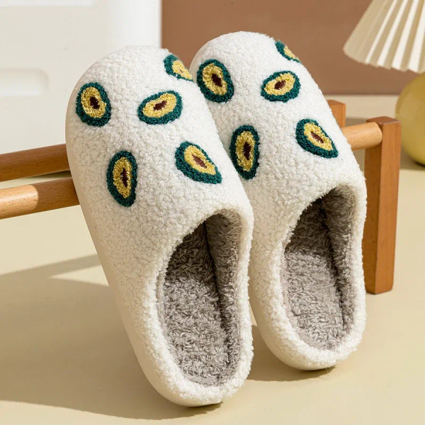 Color: WHITE, Shoe Size: 4.5 - Cute Avocado Women Slippers Winter Warm Indoor Fruit Cartoon Funny S F640-12000040554105269