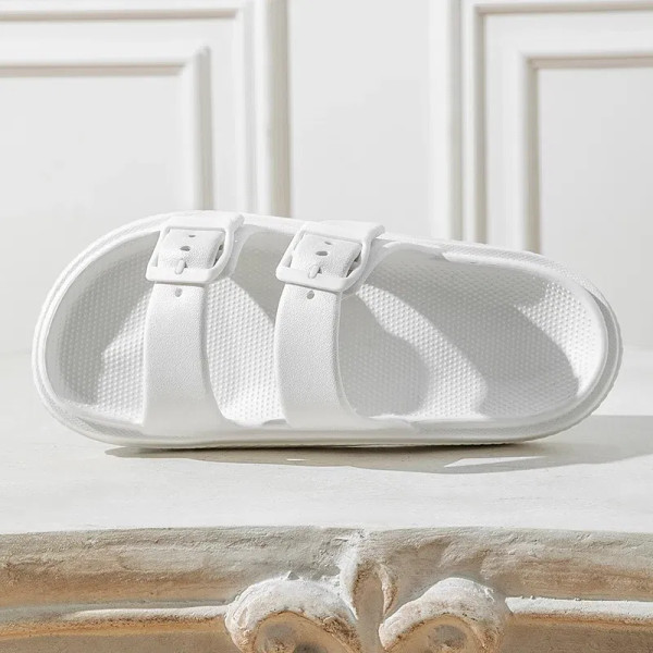 Color: Beige, Shoe Size: 33.5 - Thick Platform Cloud Slippers Women Double Buckle Soft Sole Pillow  F640-12000039931842745