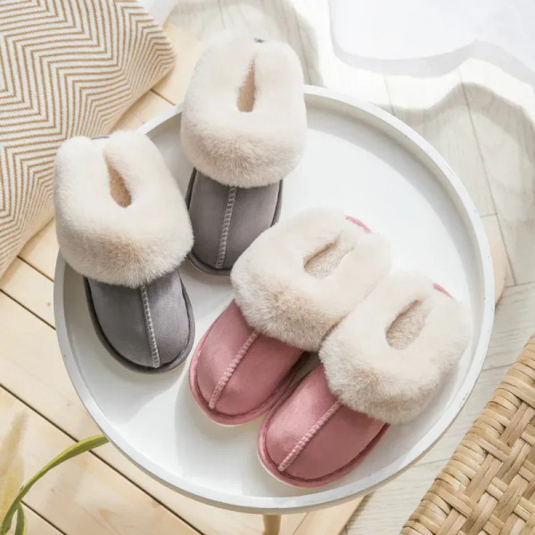 Color: Khaki, Shoe Size: 36 - Women's Faux Fur Slippers 2024 New Warm Thicked Plush Bedroom Sandals F640-12000035047083420