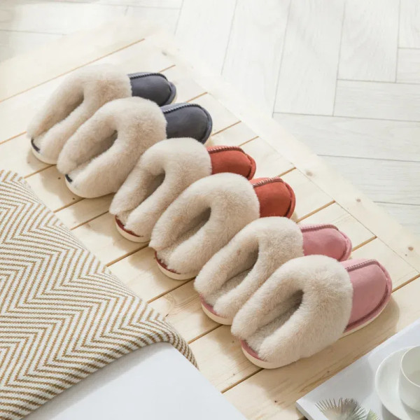 Color: Khaki, Shoe Size: 36 - Women's Faux Fur Slippers 2024 New Warm Thicked Plush Bedroom Sandals F640-12000035047083420