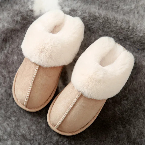 Color: Khaki, Shoe Size: 38 - Women's Faux Fur Slippers 2024 New Warm Thicked Plush Bedroom Sandals F640-12000035047083421