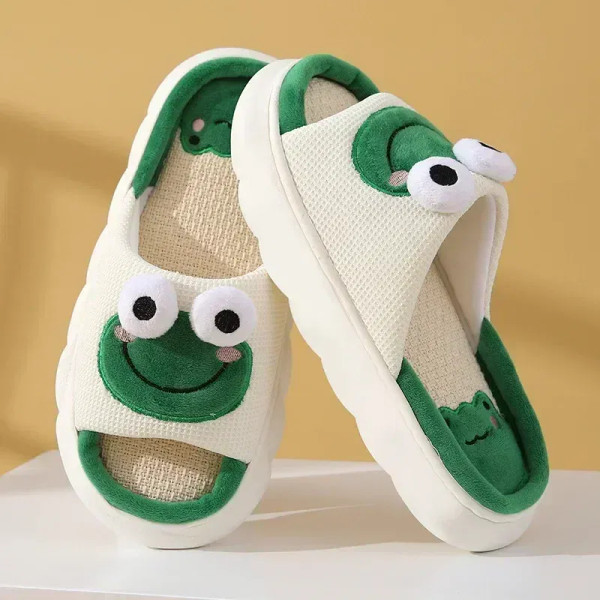 Color: Orange, Shoe Size: 3 - Unisex Soft Linen Slippers with Anti-Slip Sole for Couples Cute Frog  F640-12000039243129640