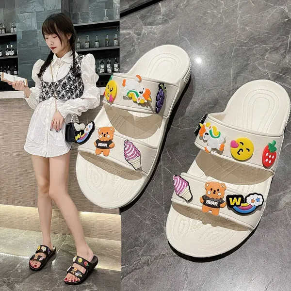 Color: black, Shoe Size: 40 - Women Summer Casual Slides Comfortable Flax Slippers Striped Cartoon  F640-12000036967591200