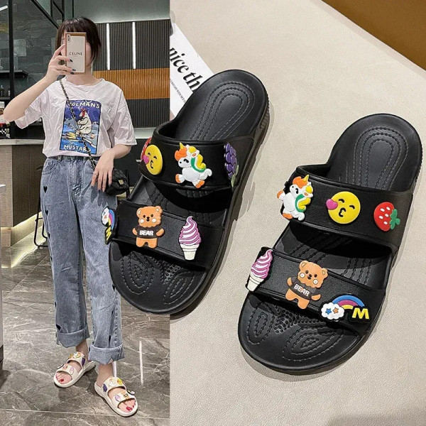 Color: black, Shoe Size: 40 - Women Summer Casual Slides Comfortable Flax Slippers Striped Cartoon  F640-12000036967591200