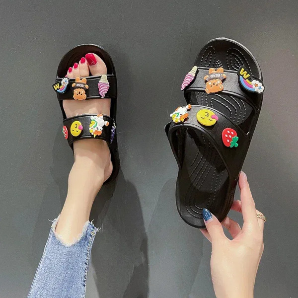Color: black, Shoe Size: 40 - Women Summer Casual Slides Comfortable Flax Slippers Striped Cartoon  F640-12000036967591200