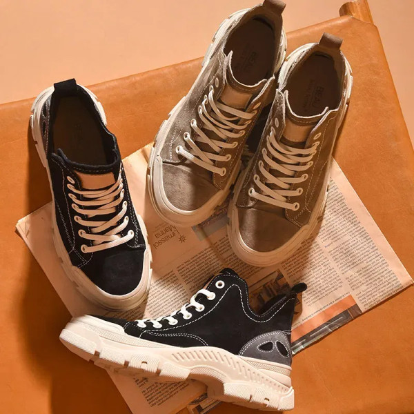 Color: Brown, Shoe Size: 7 - BeauToday Casual Sneakers Women Suede Leather Round Toe Lace-Free High F640-12000018004933653