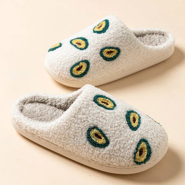 Color: WHITE, Shoe Size: 4 - Cute Avocado Women Slippers Winter Warm Indoor Fruit Cartoon Funny Sof F640-12000040554105268