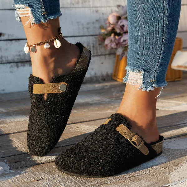 Color: Brown, Shoe Size: 38 - Women Slippers Mules Fur Women Shoes Winter New Buckle Flats Platform F640-12000038687805816