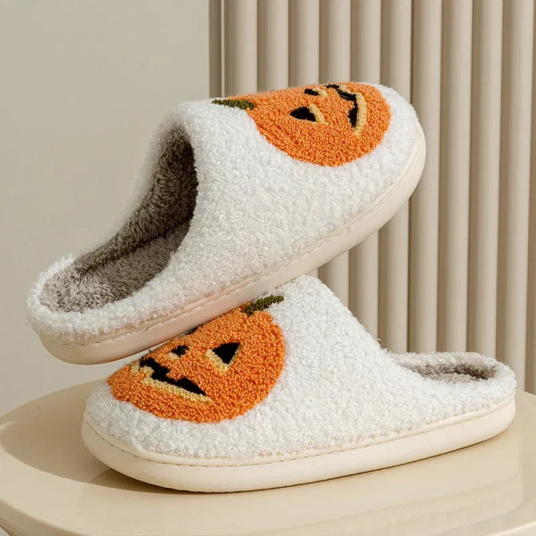 Color: WHITE, Shoe Size: 3.5 - Smile Pumpkin Halloween Women's Slippers Winter Indoor Cartoon Comfo F640-12000039892808848