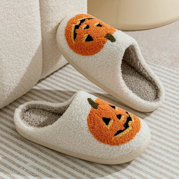 Color: WHITE, Shoe Size: 3.5 - Smile Pumpkin Halloween Women's Slippers Winter Indoor Cartoon Comfo F640-12000039892808848
