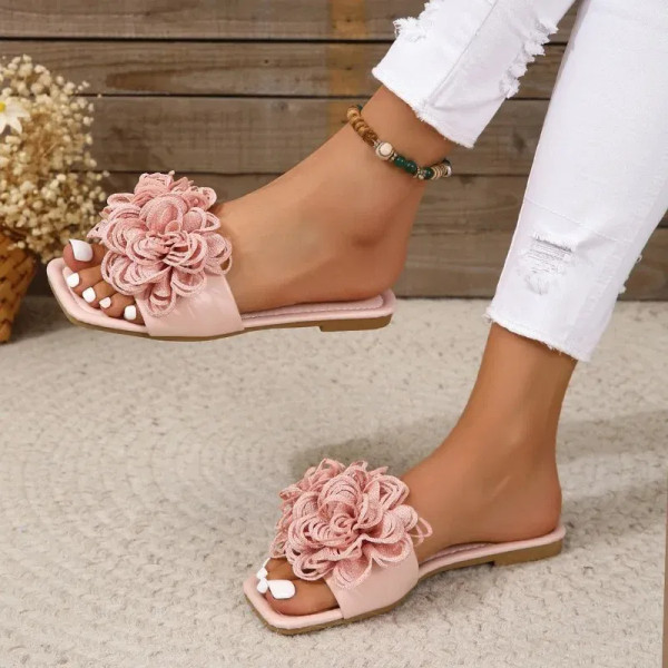 Color: Lavender, Shoe Size: 40 - Women's Flower Flat Slippers 2023 Summer Plus Size Shoes New Squar F640-12000033705654299