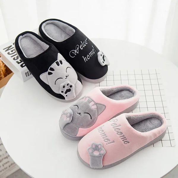 Color: Pink, Shoe Size: 40 - Women's Kawaii Cat Decor Slippers, Comfortable Plush Lined Slip On Sho F640-12000037427691550