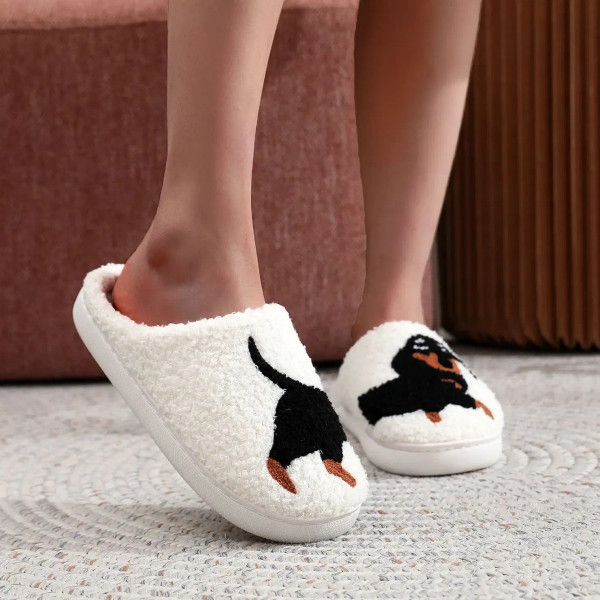 Color: WHITE, Shoe Size: 44 - Pet Pattern Dachshund Embroidered Plush Home Thick-Soled Comfortable  F640-12000039010522120