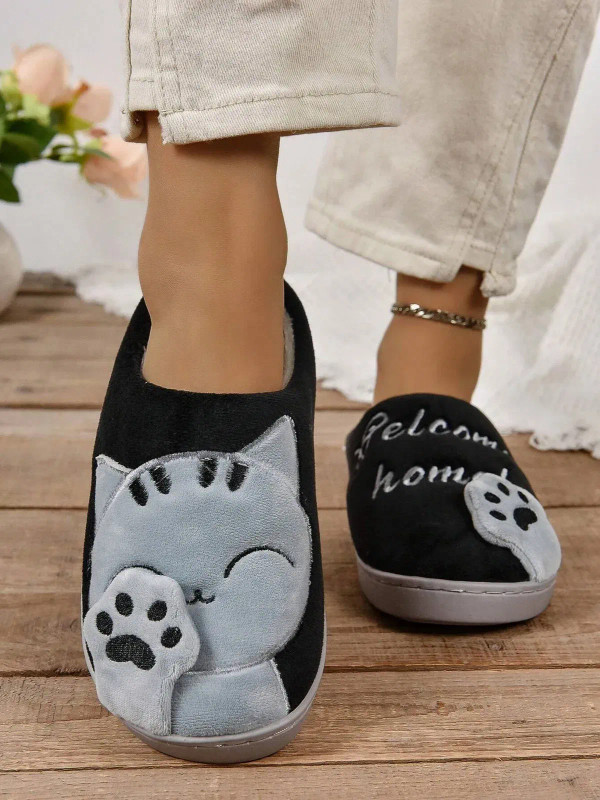 Color: Beige, Shoe Size: 44-45 - 2024 New Arrival Women's Cartoon Lucky Cat Couple Slippers With Fo F640-12000044252973660