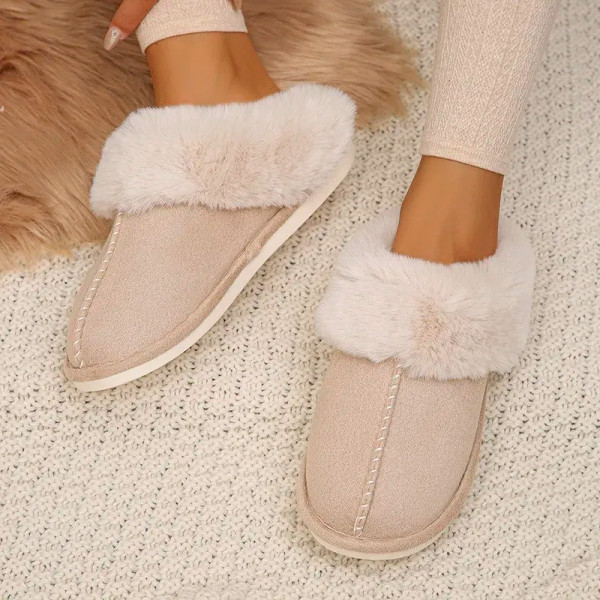 Color: GRAY, Shoe Size: 42 - Closed Toe Warm Cotton Slippers Women Faux Fur Thicken Plush Winter Ho F640-12000036942235669