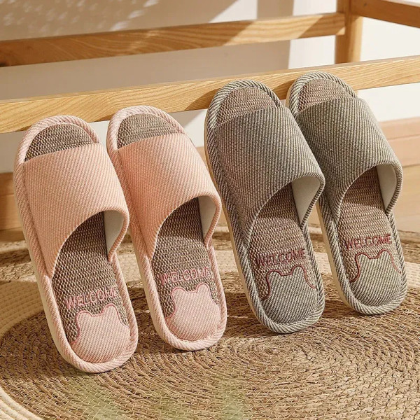 Color: Ginger, Shoe Size: 14 - Linen Slippers Indoor Home Breathable Women Men Slides Linen Couples F640-12000035595400338