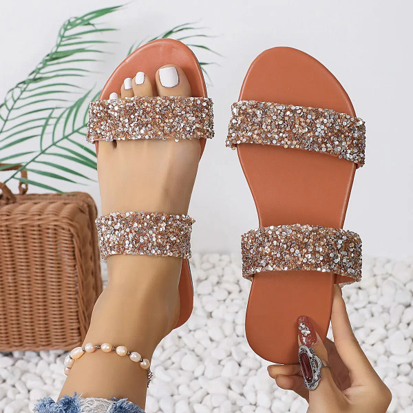 Color: Silver, Shoe Size: 41 - Flat Women's Slippers 2024 New Summer Fashion Casual Metal Decorated F640-12000038631292026