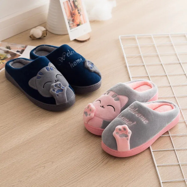Color: DEEP BLUE, Shoe Size: 38 - Women's Kawaii Cat Decor Slippers, Comfortable Plush Lined Slip O F640-12000037427691567