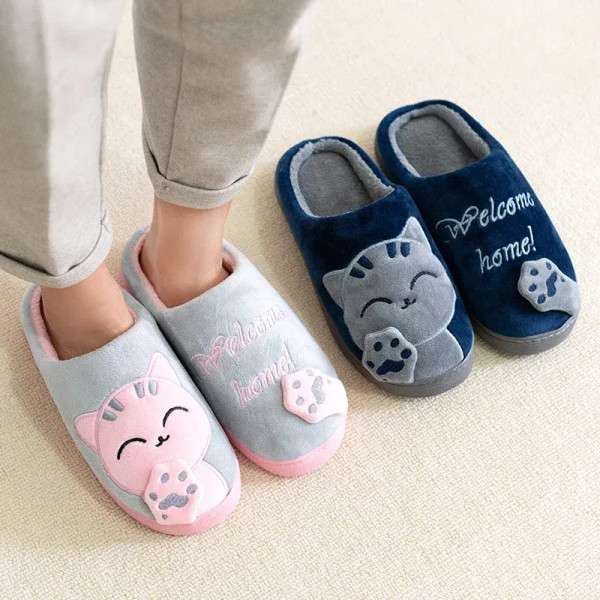 Color: DEEP BLUE, Shoe Size: 38 - Women's Kawaii Cat Decor Slippers, Comfortable Plush Lined Slip O F640-12000037427691567