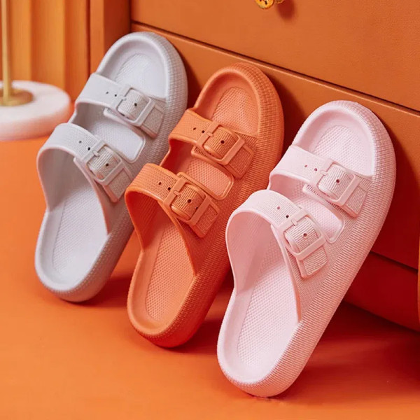 Color: GRAY, Shoe Size: 5.5 - Fashion Buckle Thick Platform Slippers Women Home Soft Sole eva Cloud F640-12000031995432822