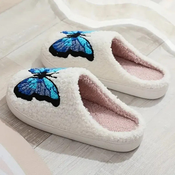 Color: Blue, Shoe Size: 44-45 - Lucyever Butterfly Embroidery Plush Woman Slippers Non Slip Soft Ho F640-12000041176626895